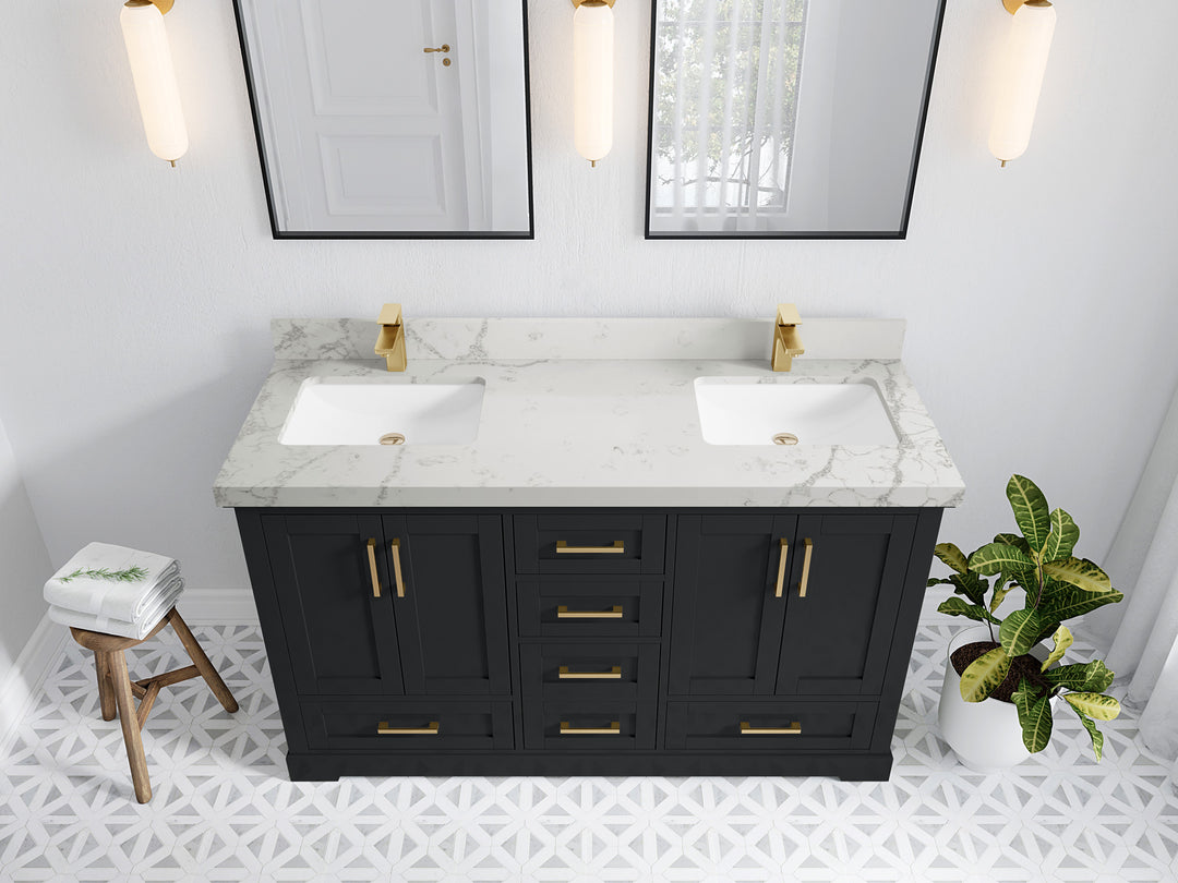 Boston 60 in. W x 22 in. D Double Sink Bathroom Vanity in Wrought Iron with 2 in Venatino Quartz Countertop - Top View