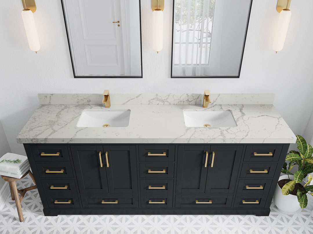 Boston 84 in. W x 22 in. D Double Sink Bathroom Vanity in Wrought Iron with 2 in Venatino Quartz Countertop - Top View