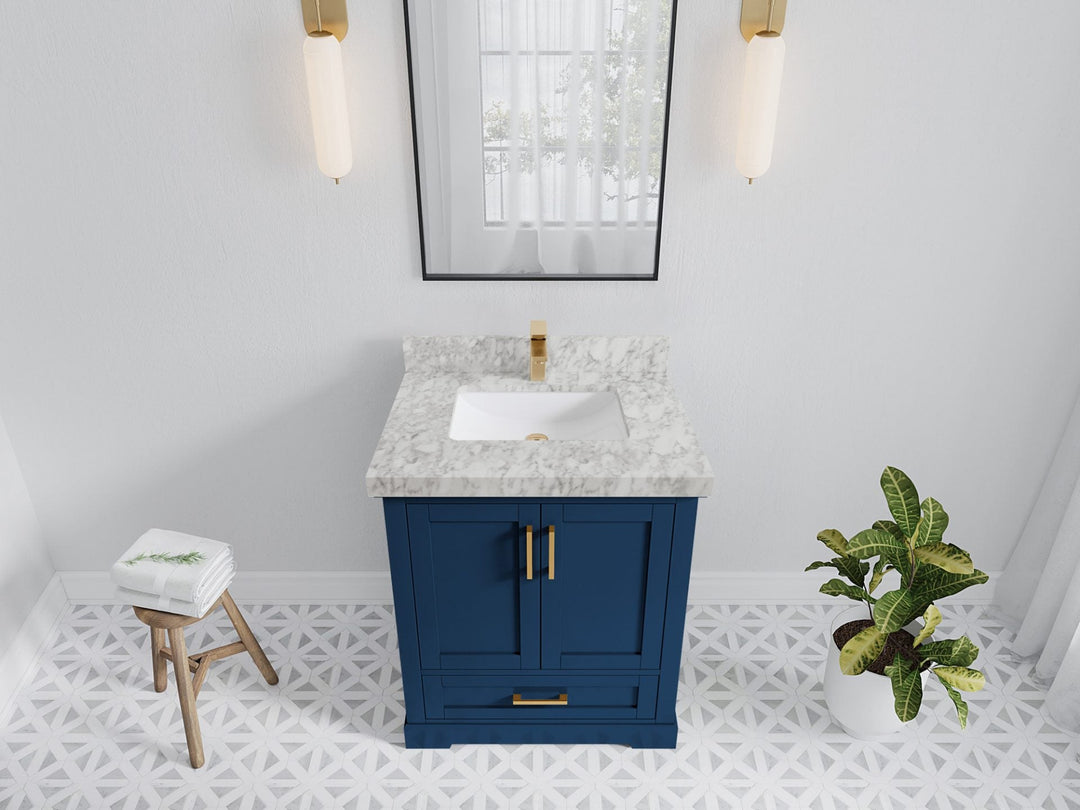 Boston 30 in. W x 22 in. D Single Sink Bathroom Vanity in Navy Blue with 2 in Carrara Marble Countertop - Top View