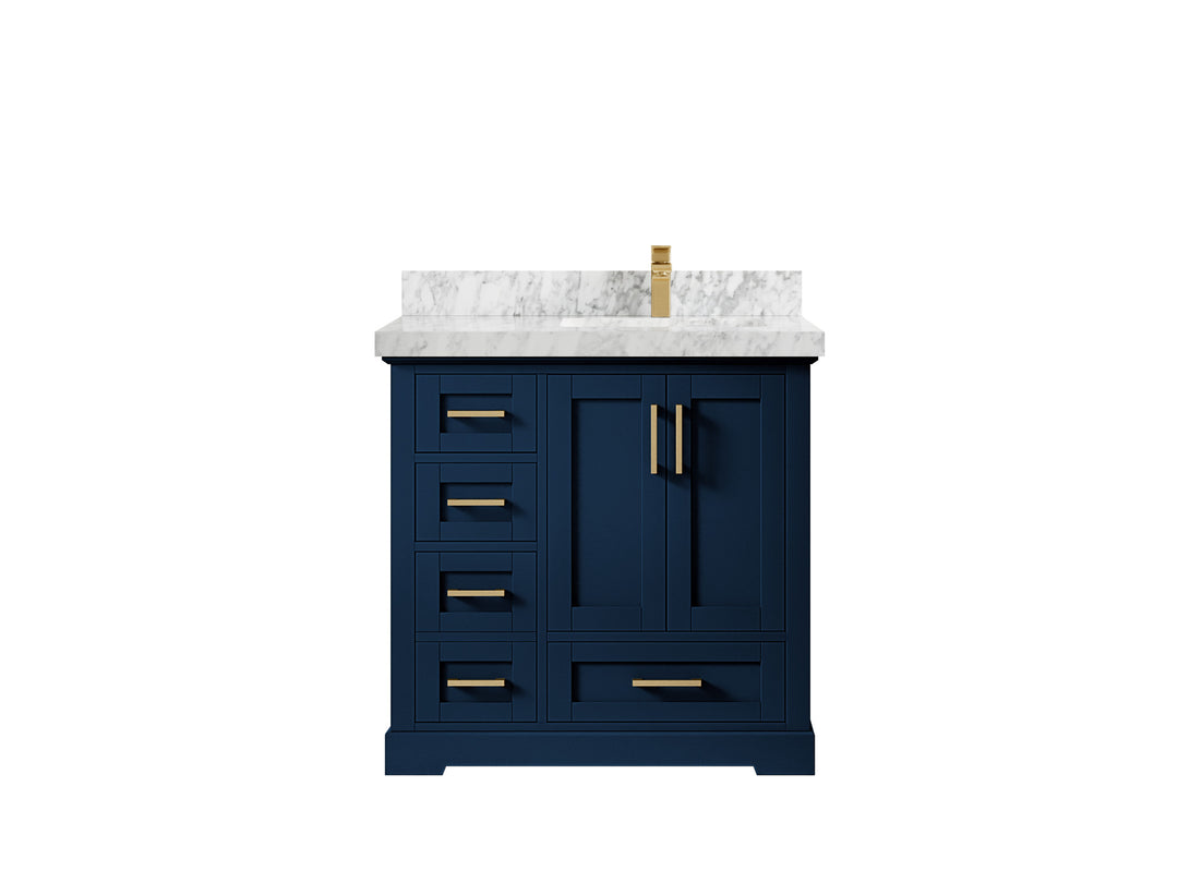 Boston 36 in. W x 22 in. D Single Sink Bathroom Vanity in Navy Blue with 2 in Carrara Marble Countertop
