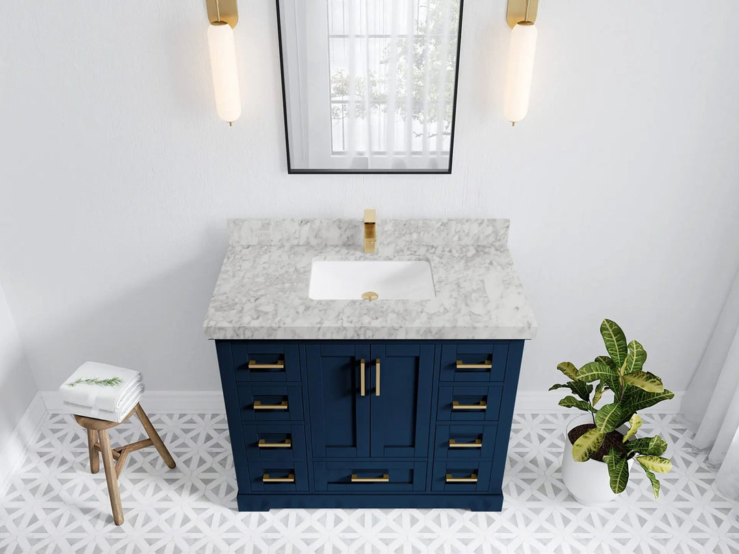 Boston 42 in. W x 22 in. D Single Sink Bathroom Vanity in Navy Blue with 2 in Carrara Marble Countertop - Top View