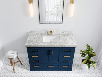 Boston 48 in. W x 22 in. D Single Sink Bathroom Vanity in Navy Blue with 2 in Carrara Marble Countertop - Top View