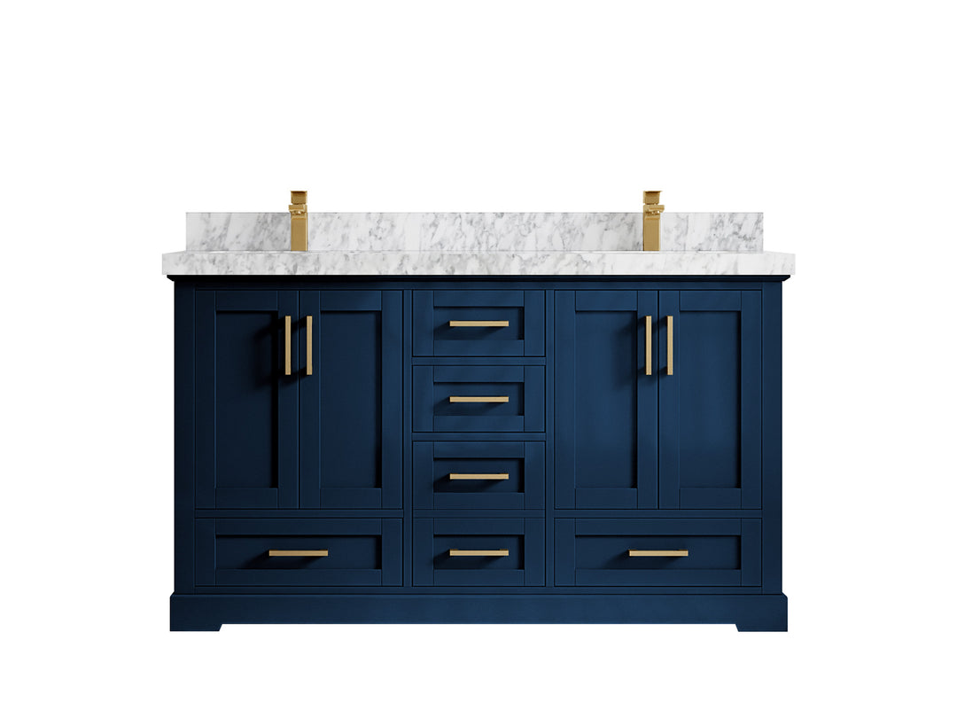 Boston 60 in. W x 22 in. D Double Sink Bathroom Vanity in Navy Blue with 2 in Carrara Marble Countertop