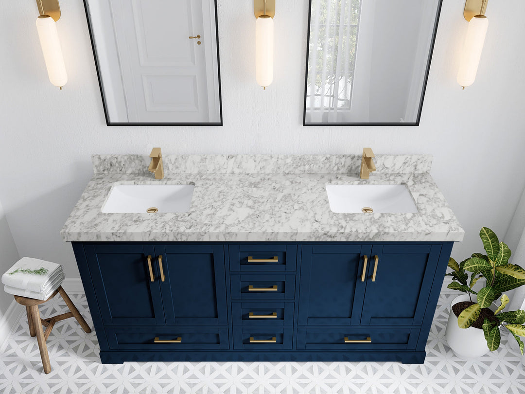 Boston 72 in. W x 22 in. D Double Sink Bathroom Vanity in Navy Blue with 2 in Carrara Marble Countertop - Top View