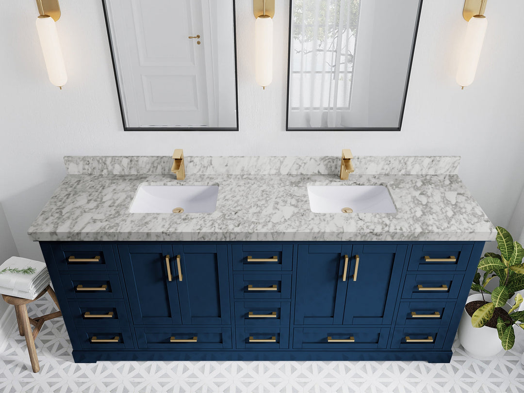 Boston 84 in. W x 22 in. D Double Sink Bathroom Vanity in Navy Blue with 2 in Carrara Marble Countertop - Top View
