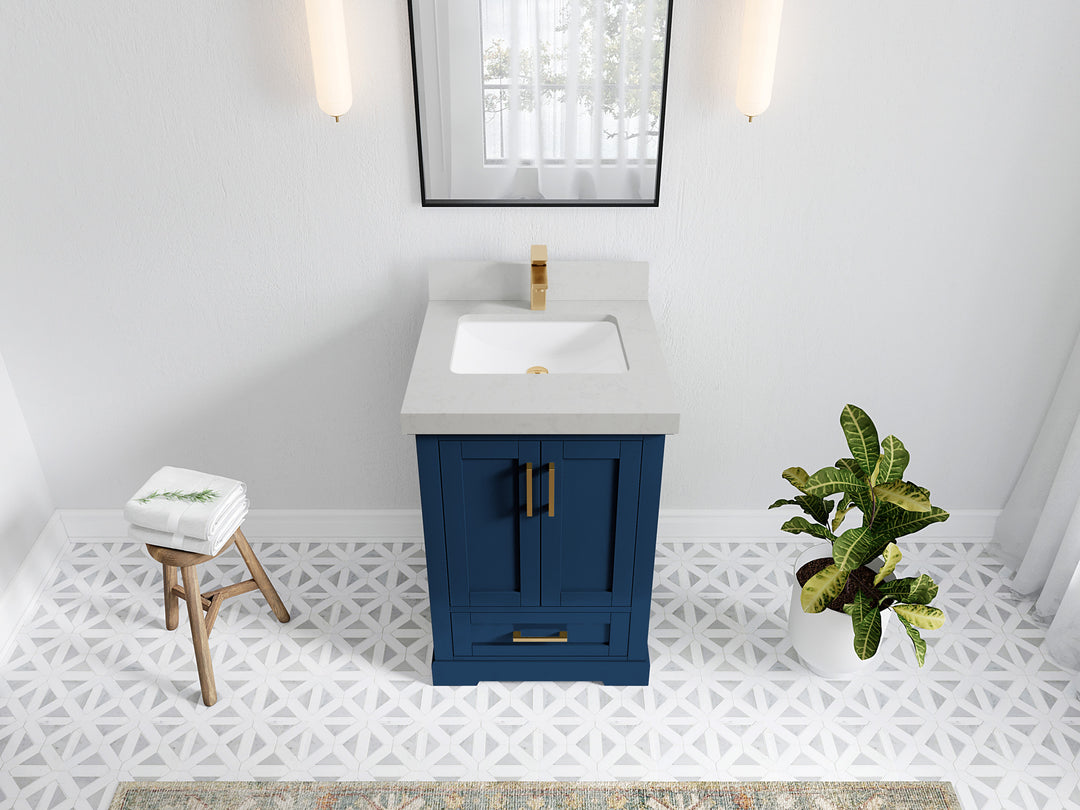 Boston 24 in. W x 22 in. D Single Sink Bathroom Vanity in Navy Blue with 2 in Carrara Quartz Countertop - Top View