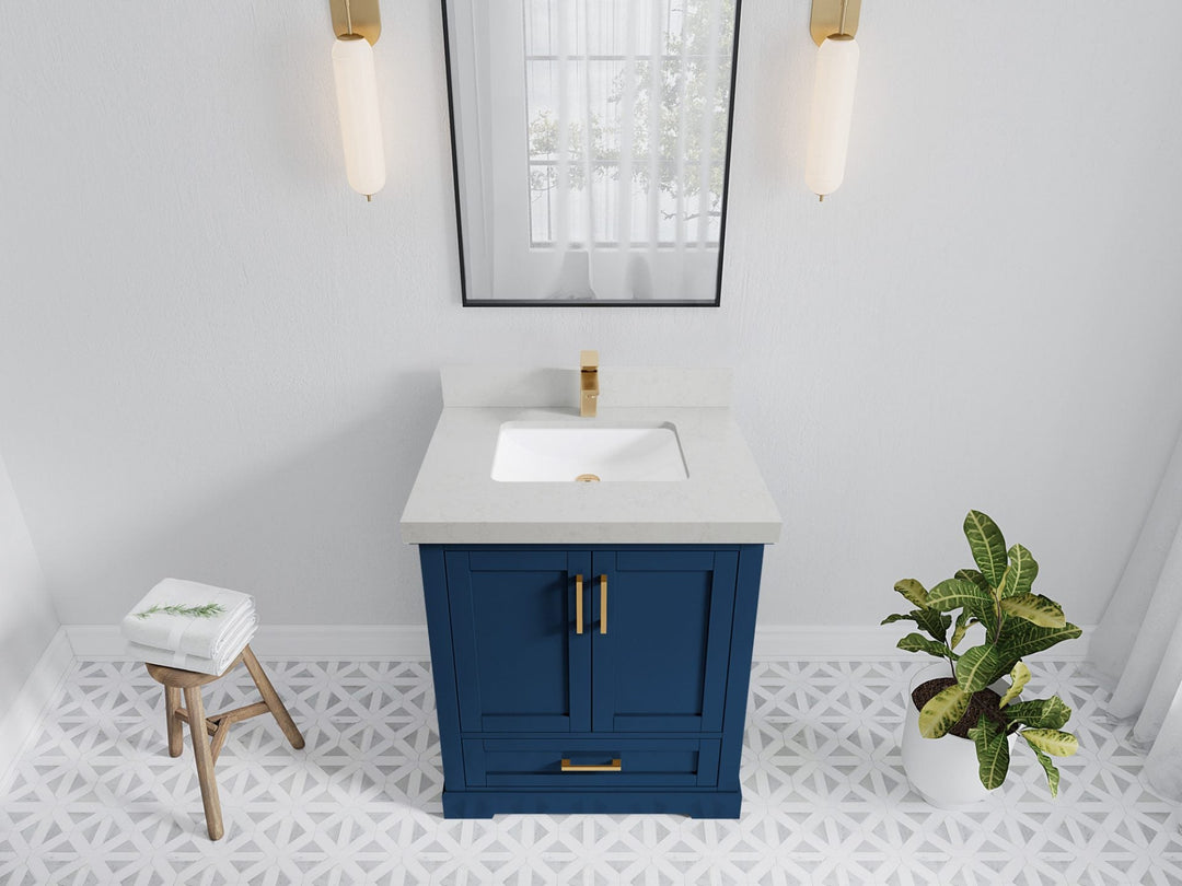 Boston 30 in. W x 22 in. D Single Sink Bathroom Vanity in Navy Blue with 2 in Carrara Quartz Countertop - Top View