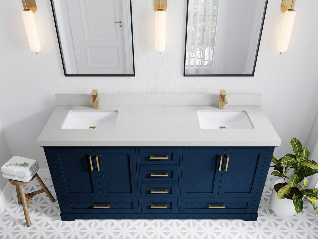 Boston 72 in. W x 22 in. D Double Sink Bathroom Vanity in Navy Blue with 2 in Carrara Quartz Countertop - Top View