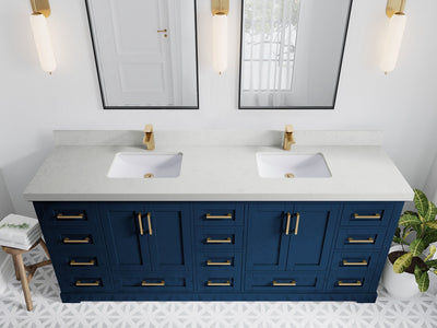 Boston 84 in. W x 22 in. D Double Sink Bathroom Vanity in Navy Blue with 2 in Carrara Quartz Countertop - Top View