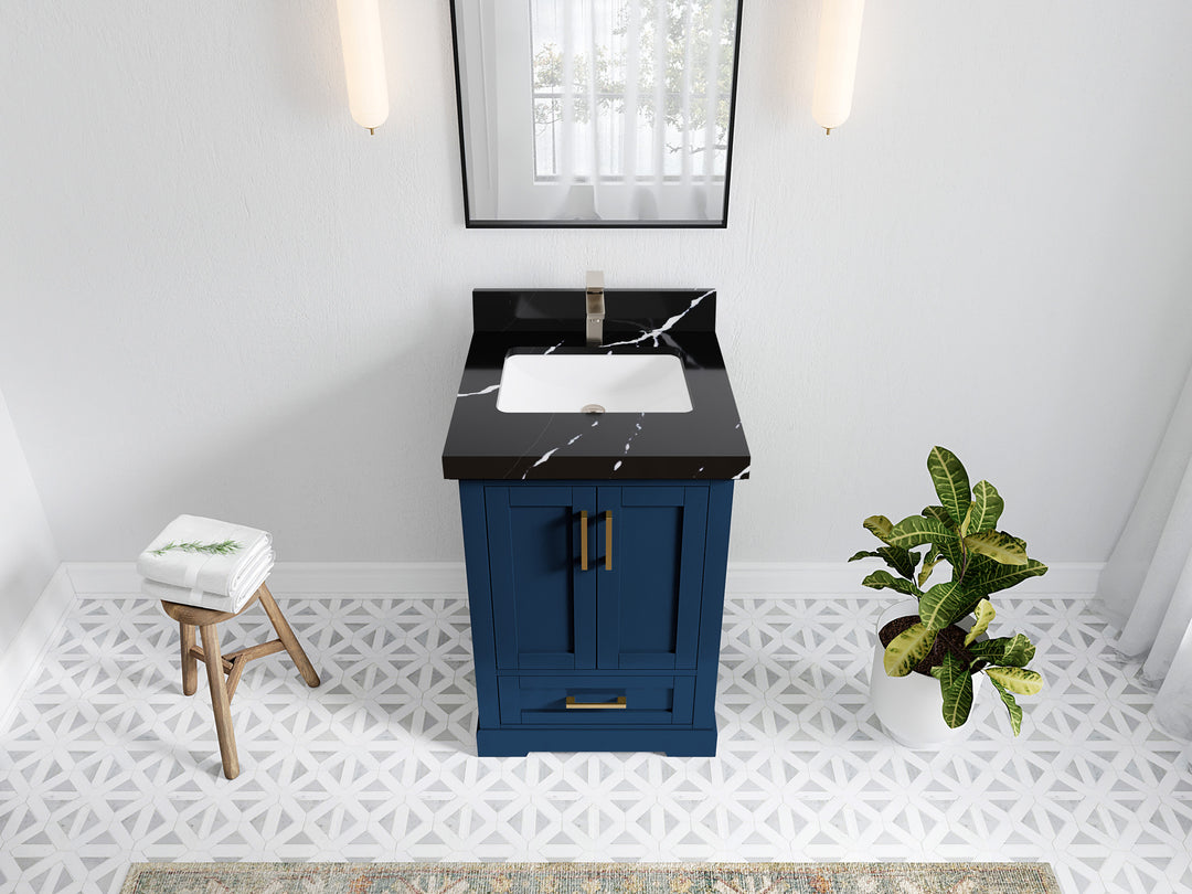 Boston 24 in. W x 22 in. D Single Sink Bathroom Vanity in Navy Blue with 2 in Calacatta Black Quartz Countertop - Top View