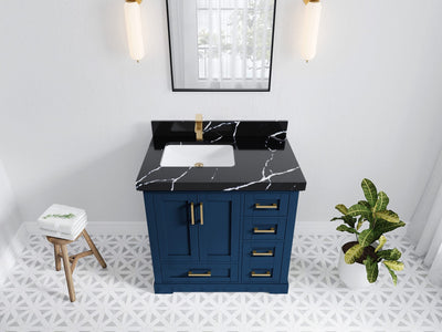 Boston 36 in. W x 22 in. D Single Sink Bathroom Vanity in Navy Blue with 2 in Calacatta Black Quartz Countertop - Top View