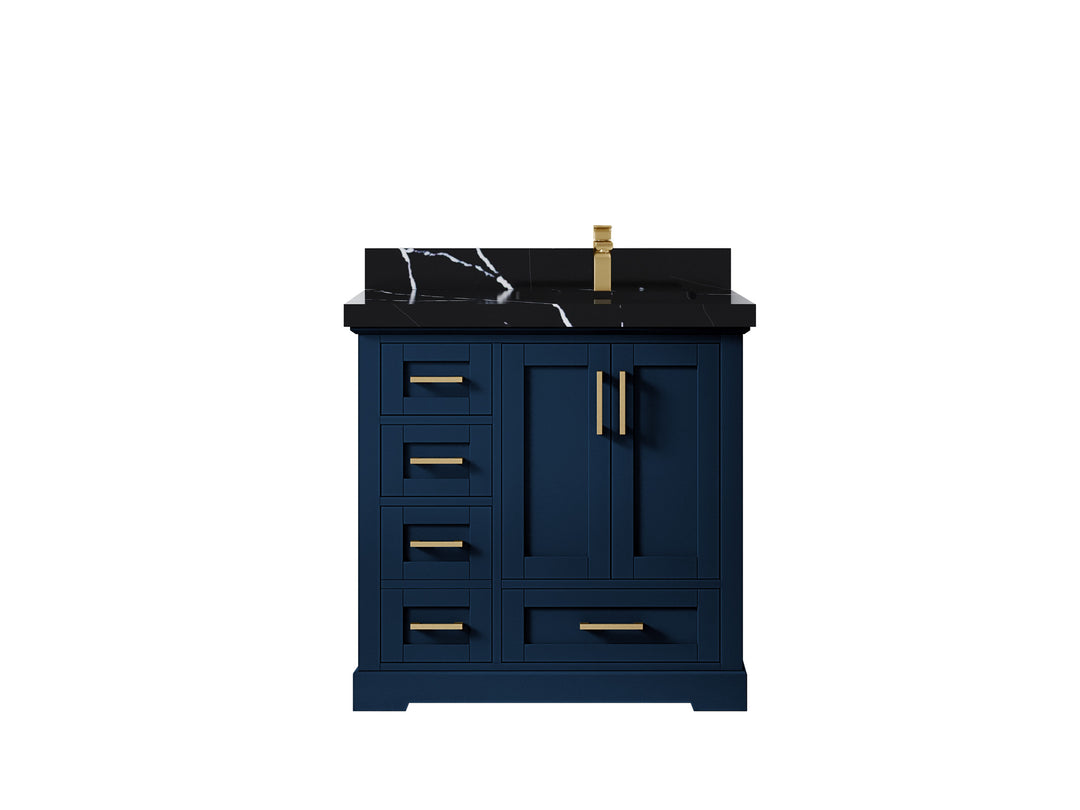Boston 36 in. W x 22 in. D Single Sink Bathroom Vanity in Navy Blue with 2 in Calacatta Black Countertop