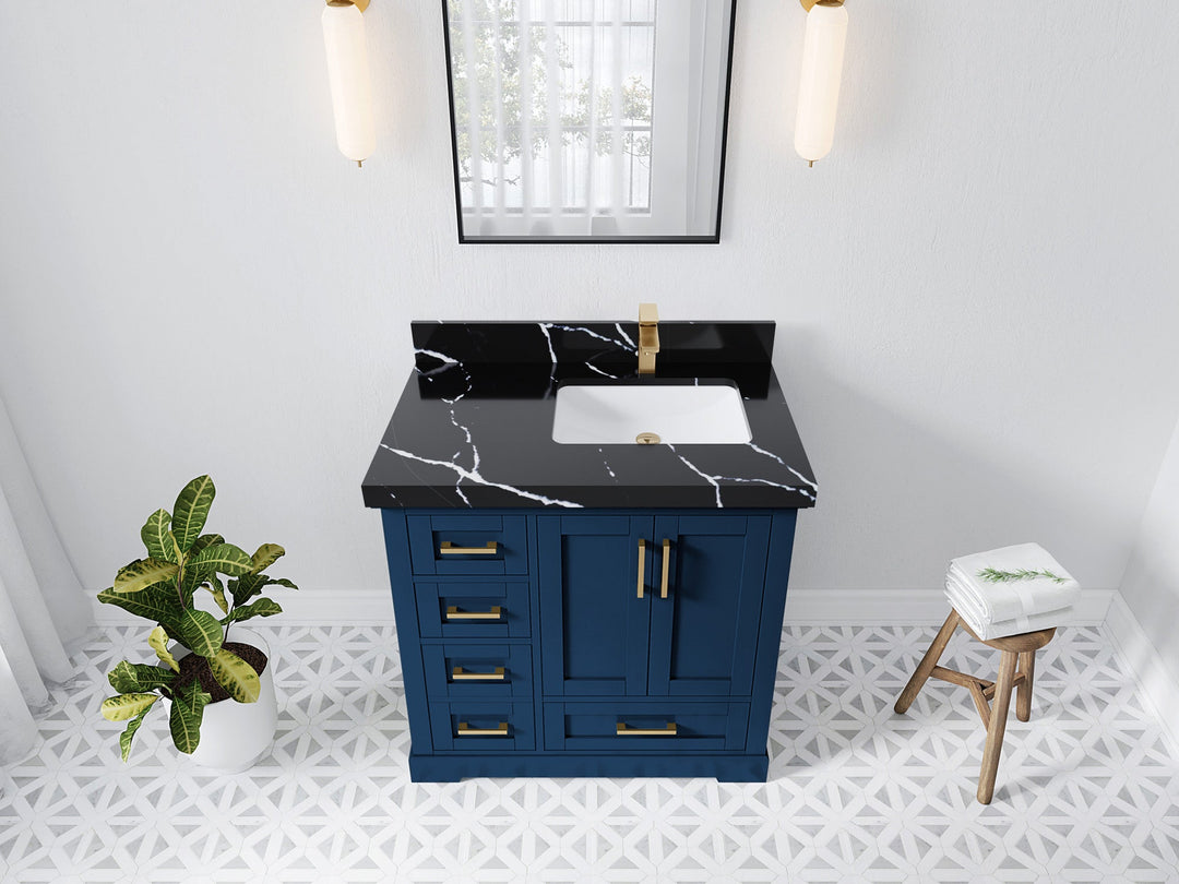 Boston 36 in. W x 22 in. D Single Sink Bathroom Vanity in Navy Blue with 2 in Calacatta Black Quartz Countertop - Top View