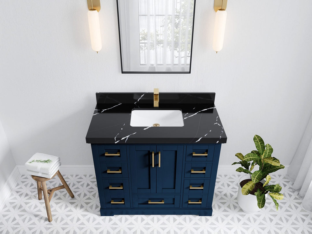 Boston 42 in. W x 22 in. D Single Sink Bathroom Vanity in Navy Blue with 2 in Calacatta Black Quartz Countertop - Top View