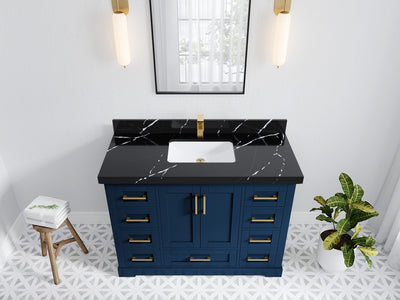 Boston 48 in. W x 22 in. D Single Sink Bathroom Vanity in Navy Blue with 2 in Calacatta Black Quartz Countertop - Top View