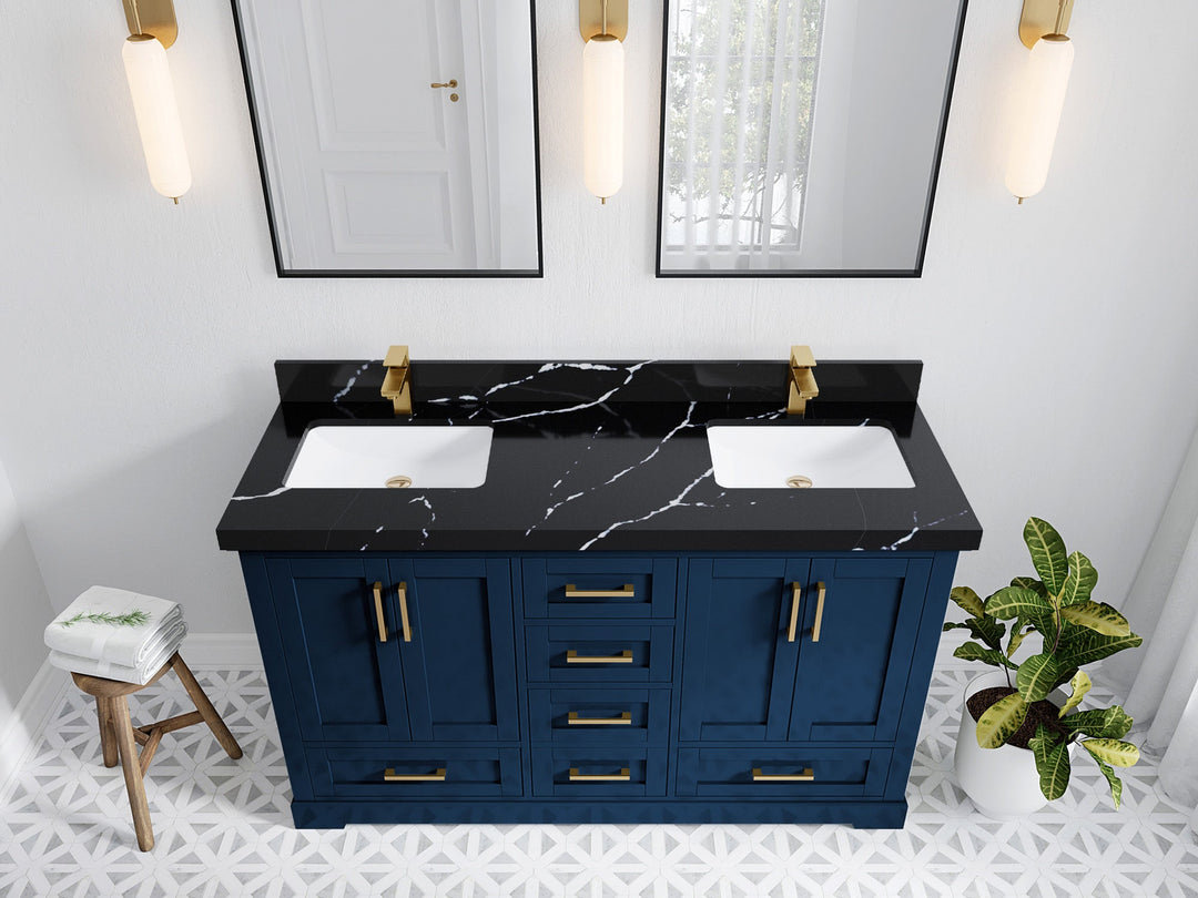 Boston 60 in. W x 22 in. D Double Sink Bathroom Vanity in Navy Blue with 2 in Calacatta Black Quartz Countertop - Top View