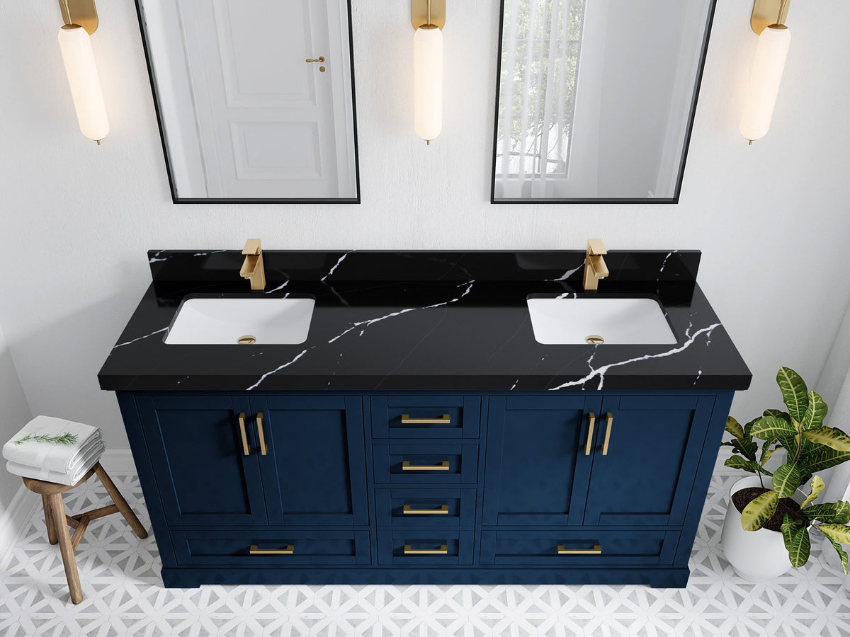 Boston 72 in. W x 22 in. D Double Sink Bathroom Vanity in Navy Blue with 2 in Calacatta Black Quartz Countertop - Top View