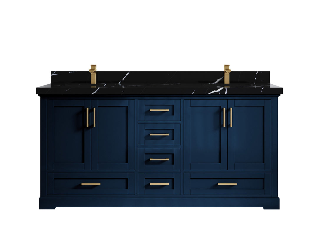 Boston 72 in. W x 22 in. D Double Sink Bathroom Vanity in Navy Blue with 2 in Calacatta Black Countertop