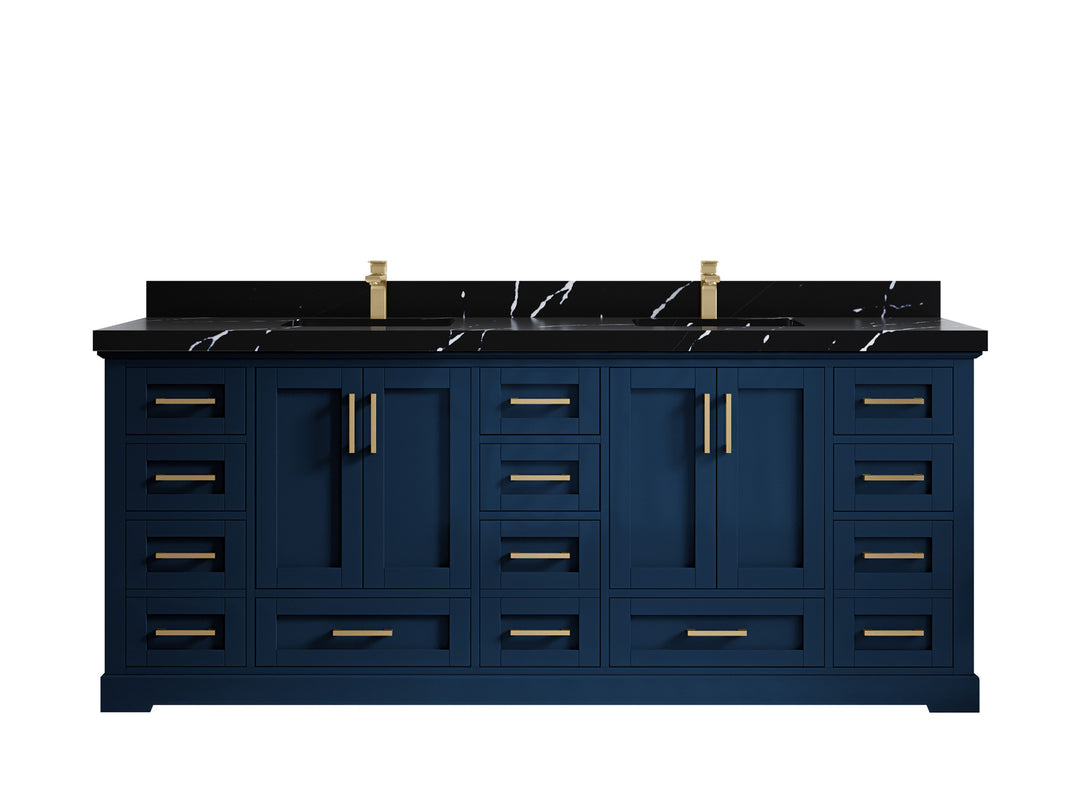 Boston 84 in. W x 22 in. D Double Sink Bathroom Vanity in Navy Blue with 2 in Calacatta Black Countertop