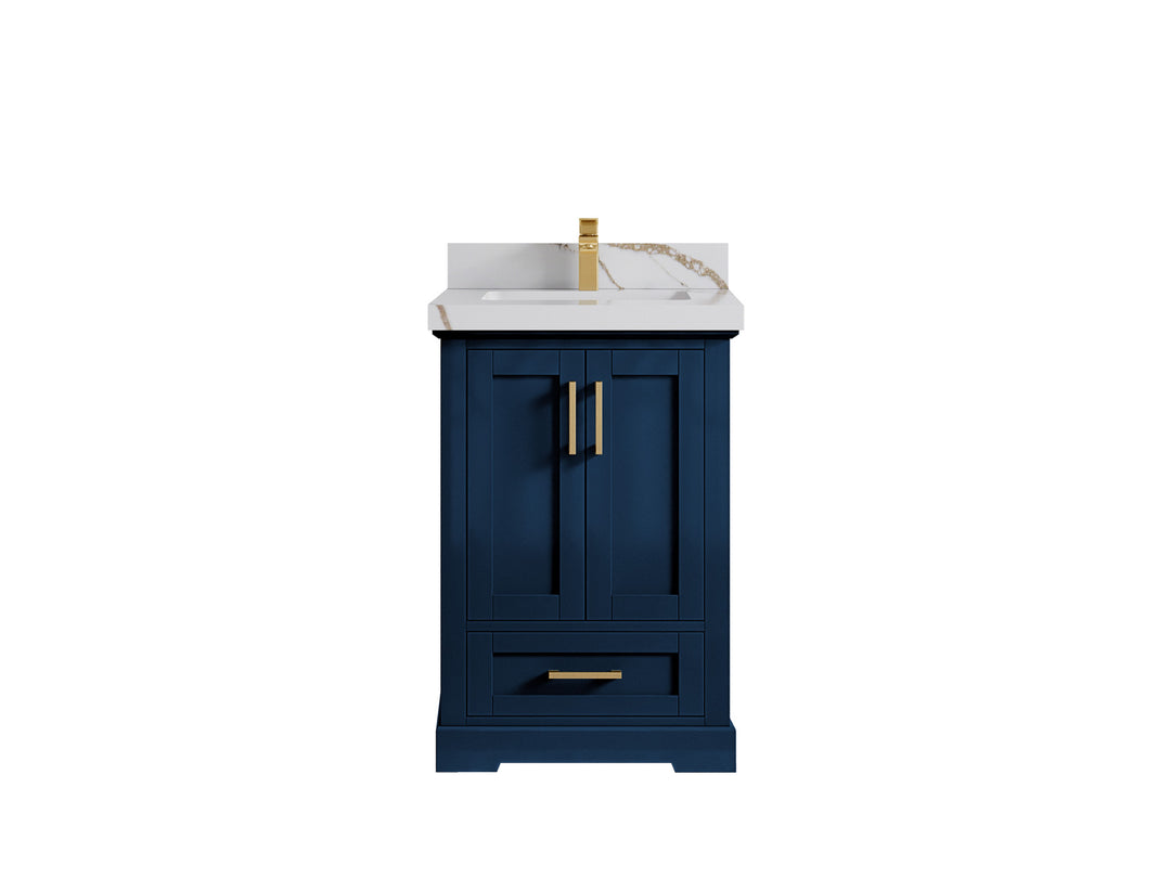Boston 24 in. W x 22 in. D Single Sink Bathroom Vanity in Navy Blue with 2 in Calacatta Gold Countertop