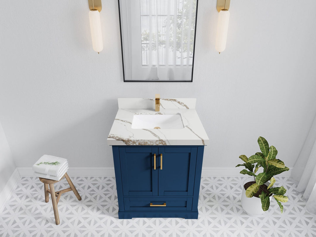 Boston 30 in. W x 22 in. D Single Sink Bathroom Vanity in Navy Blue with 2 in Calacatta Gold Quartz Countertop - Top View