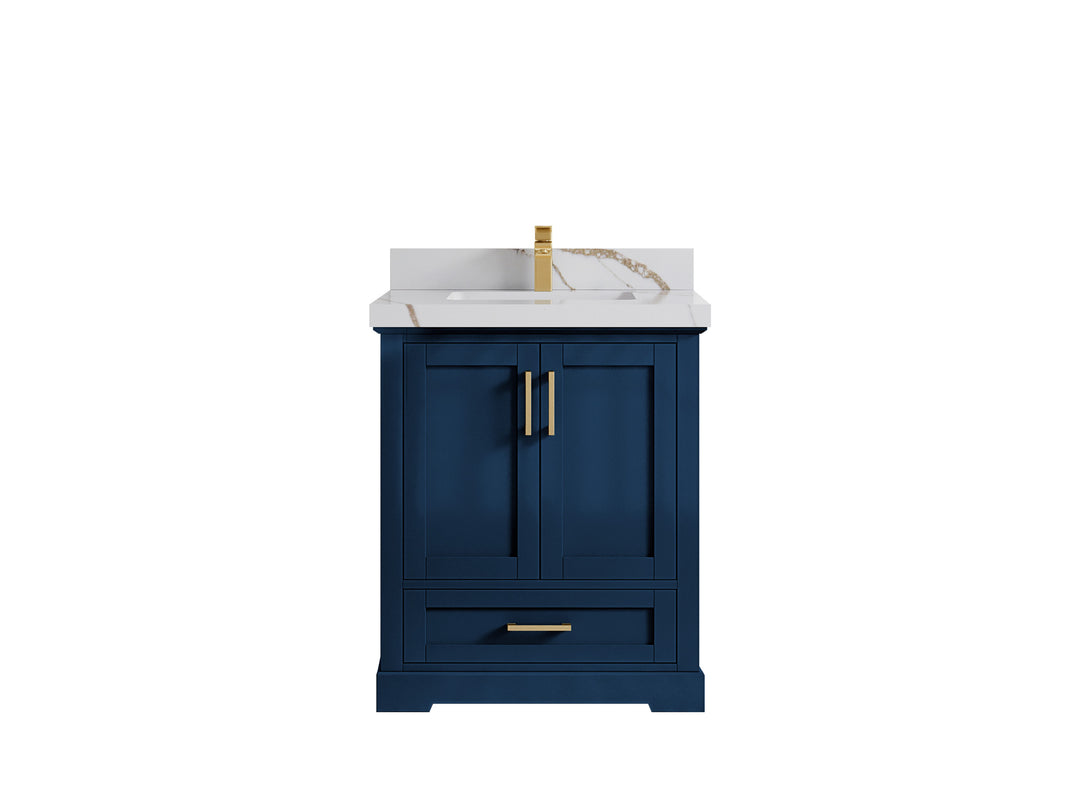 Boston 30 in. W x 22 in. D Single Sink Bathroom Vanity in Navy Blue with 2 in Calacatta Gold Countertop