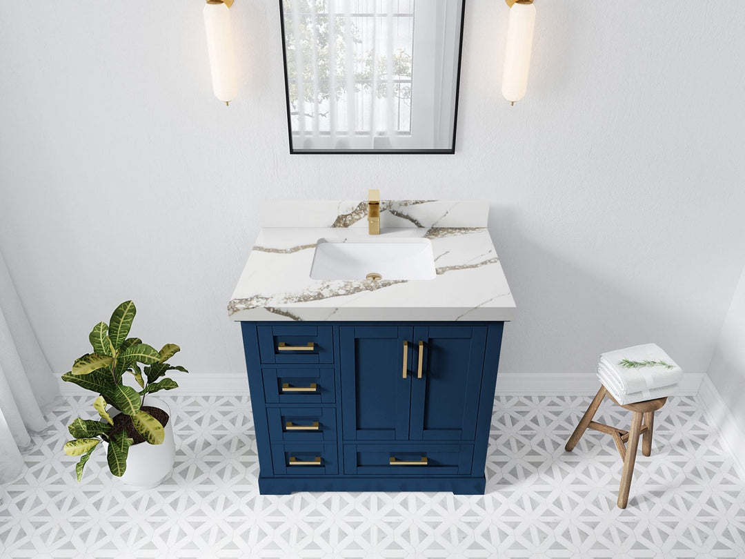 Boston 36 in. W x 22 in. D Single Sink Bathroom Vanity in Navy Blue with 2 in Calacatta Gold Quartz Countertop - Top View