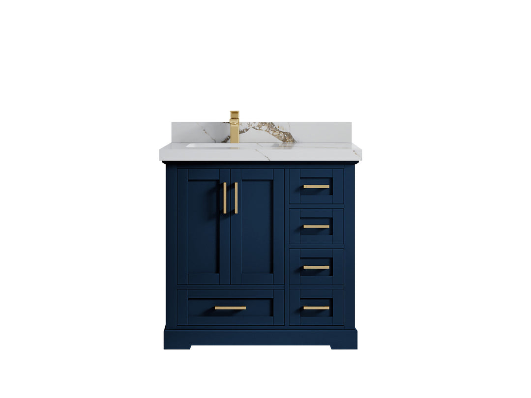 Boston 36 in. W x 22 in. D Single Sink Bathroom Vanity in Navy Blue with 2 in Calacatta Gold Countertop