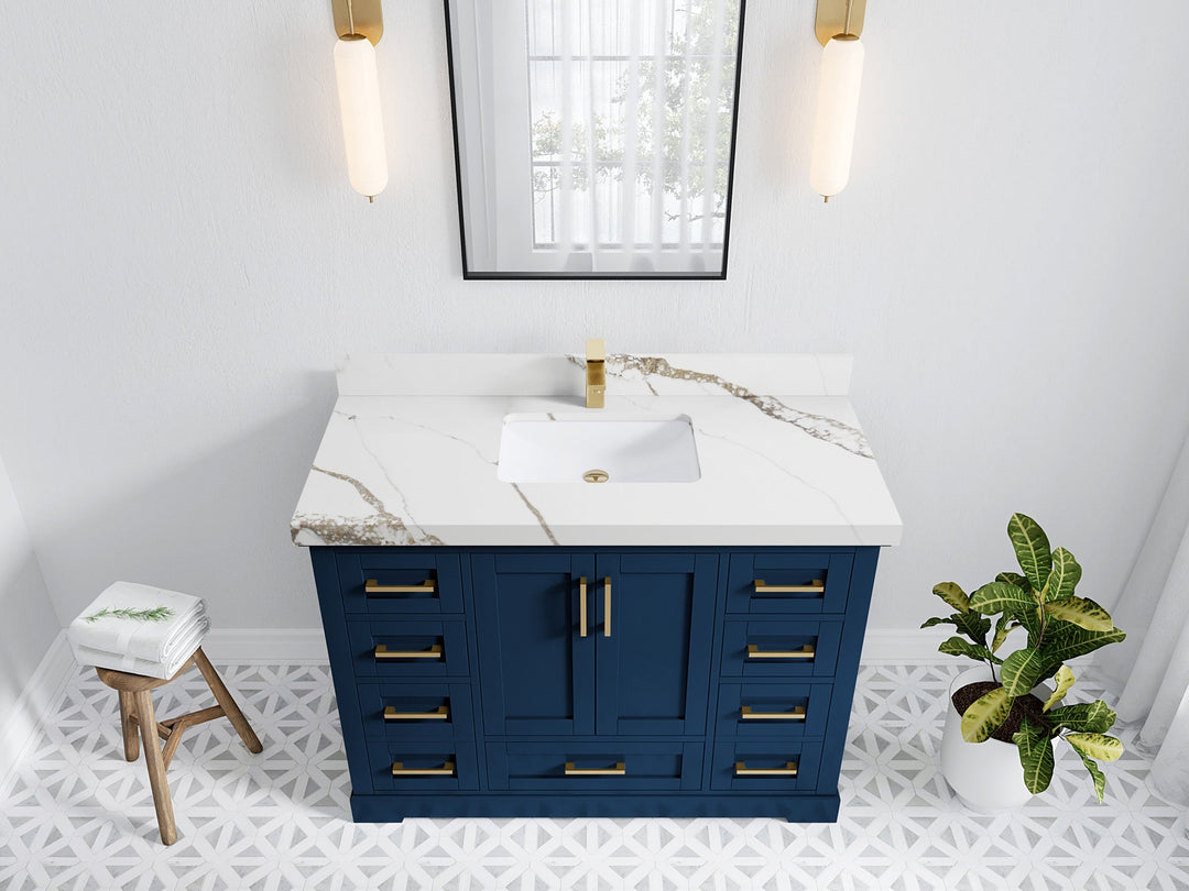 Boston 48 in. W x 22 in. D Single Sink Bathroom Vanity in Navy Blue with 2 in Calacatta Gold Quartz Countertop - Top View