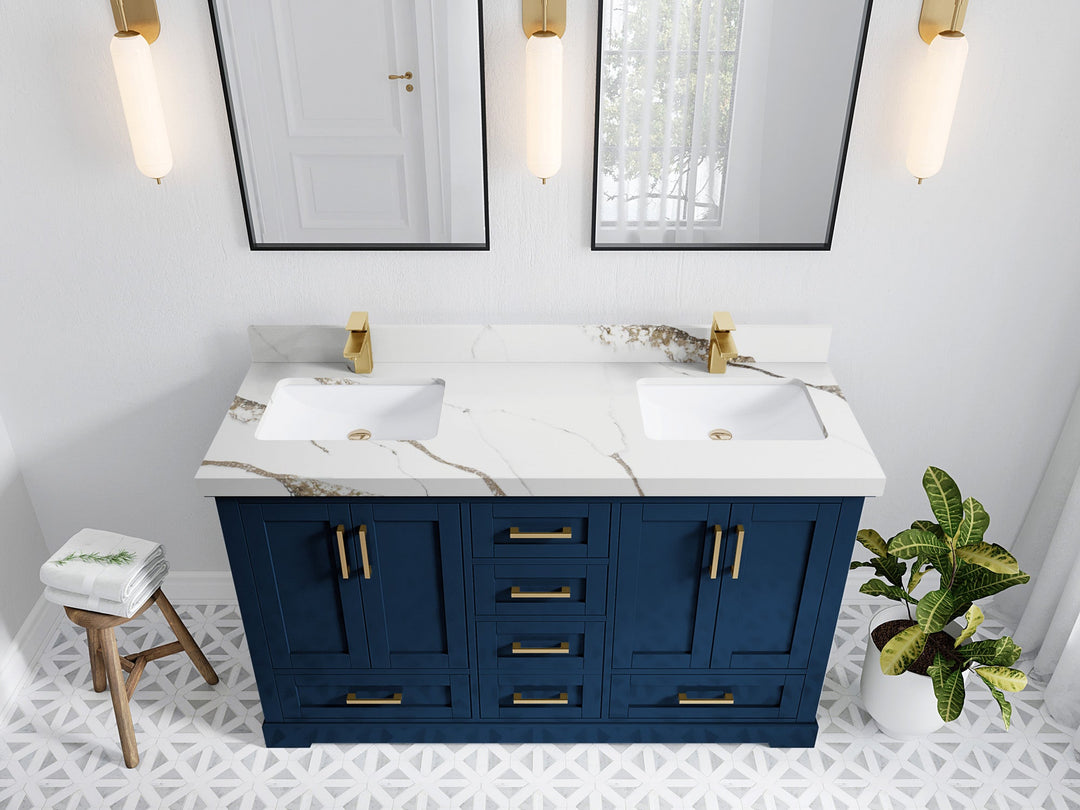 Boston 60 in. W x 22 in. D Double Sink Bathroom Vanity in Navy Blue with 2 in Calacatta Gold Quartz Countertop - Top View