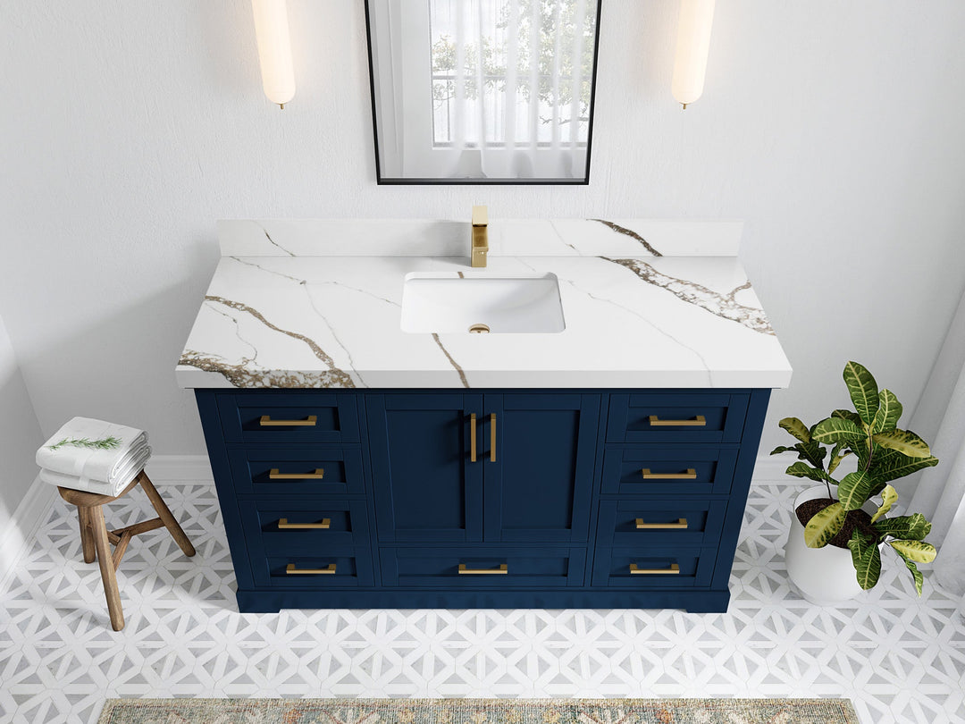 Boston 60 in. W x 22 in. D Single Sink Bathroom Vanity in Navy Blue with 2 in Calacatta Black Quartz Countertop - Top View