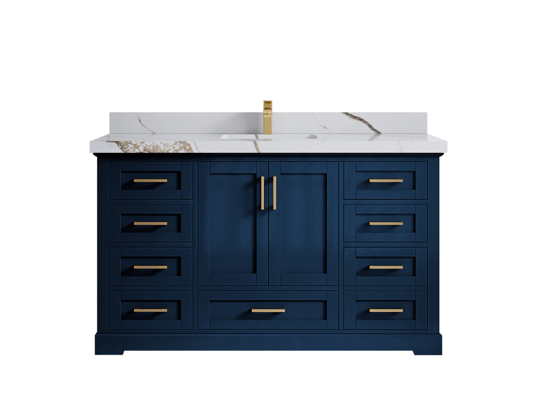 Boston 60 in. W x 22 in. D Single Sink Bathroom Vanity in Navy Blue with 2 in Calacatta Black Countertop