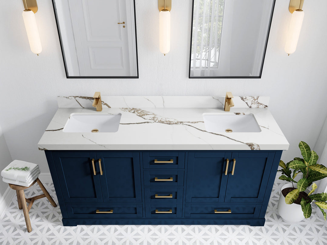 Boston 72 in. W x 22 in. D Double Sink Bathroom Vanity in Navy Blue with 2 in Calacatta Gold Quartz Countertop - Top View