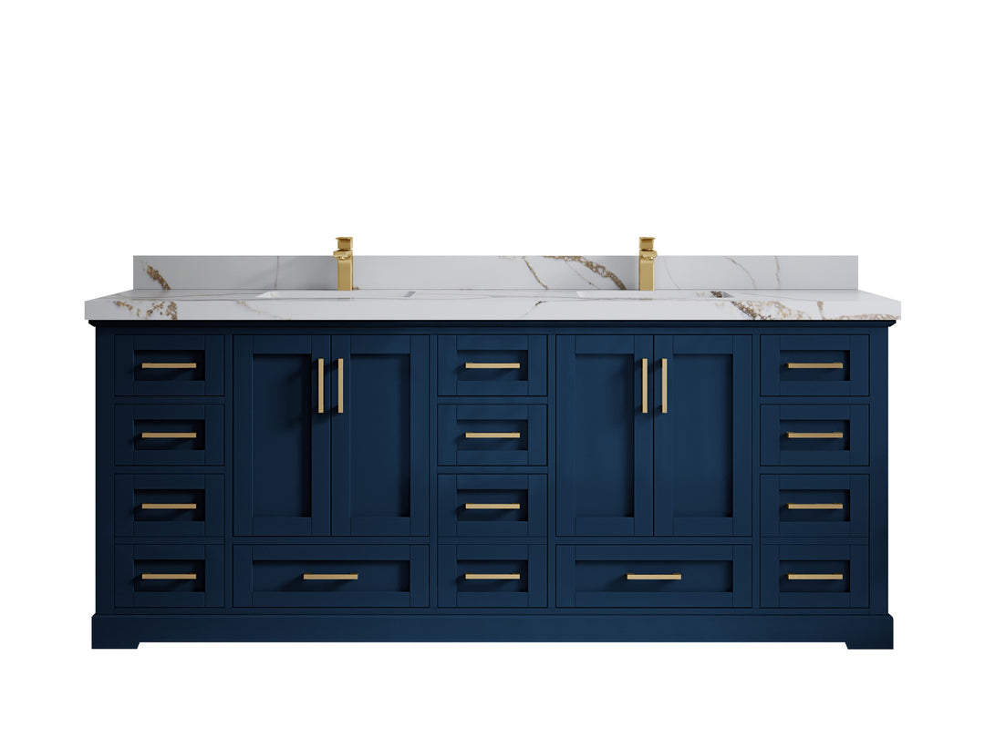Boston 84 in. W x 22 in. D Double Sink Bathroom Vanity in Navy Blue with 2 in Calacatta Gold Countertop