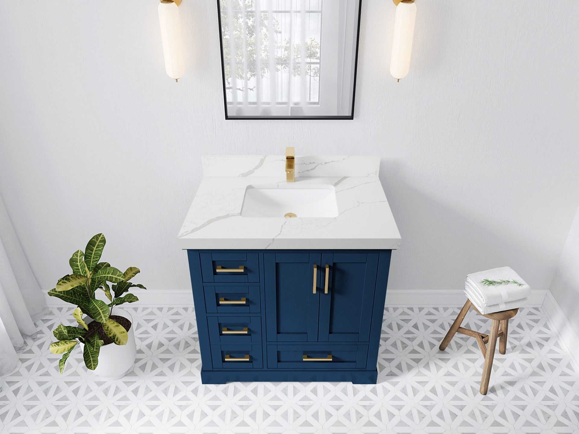 Boston 36 in. W x 22 in. D Single Sink Bathroom Vanity in Navy Blue with 2 in Calacatta Laza Quartz Countertop - Top View
