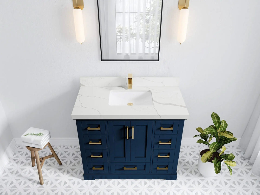 Boston 42 in. W x 22 in. D Single Sink Bathroom Vanity in Navy Blue with 2 in Calacatta Laza Quartz Countertop - Top View