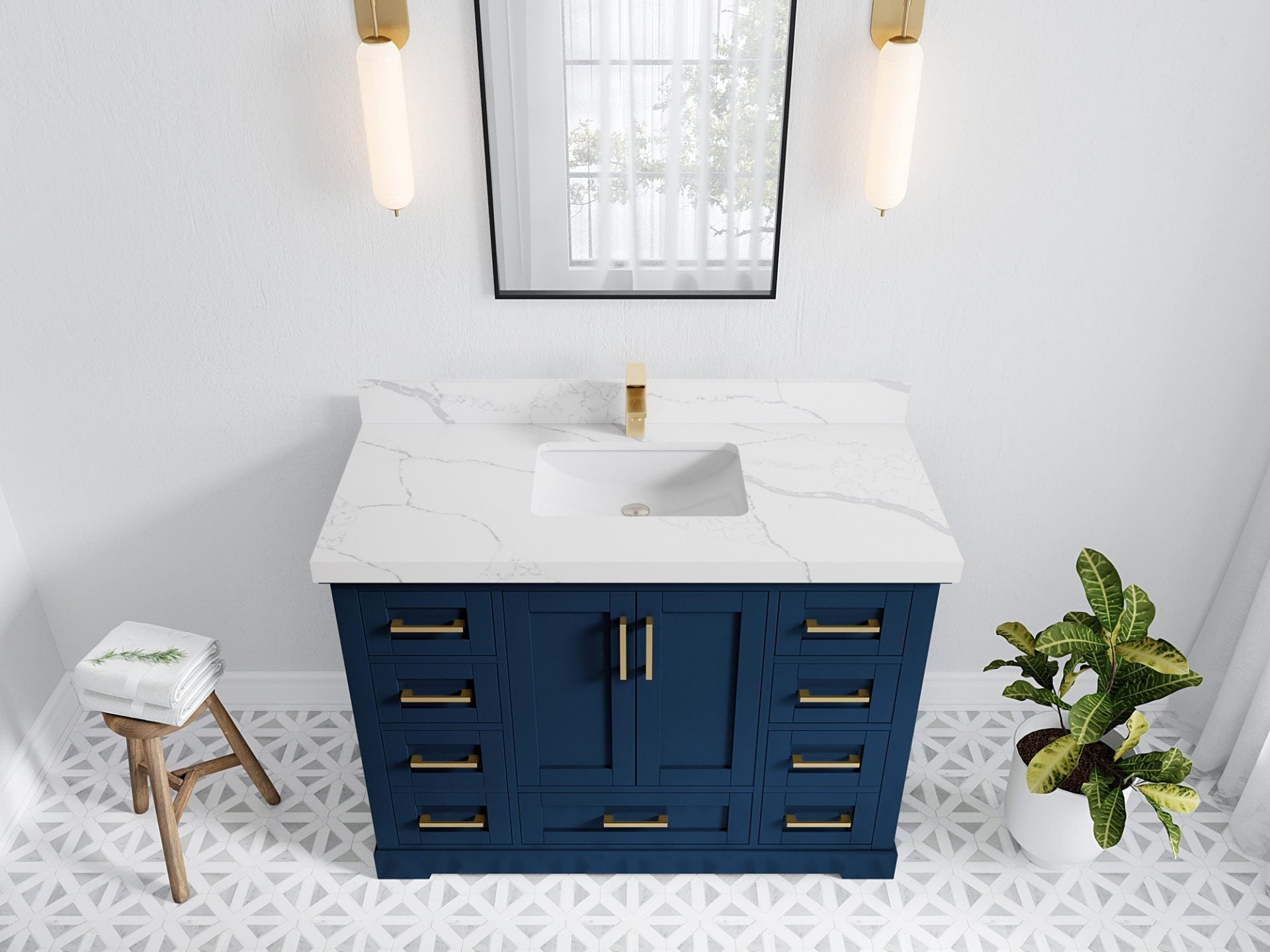 Boston 48 in. W x 22 in. D Single Sink Bathroom Vanity in Navy Blue with 2 in Calacatta Laza Quartz Countertop - Top View