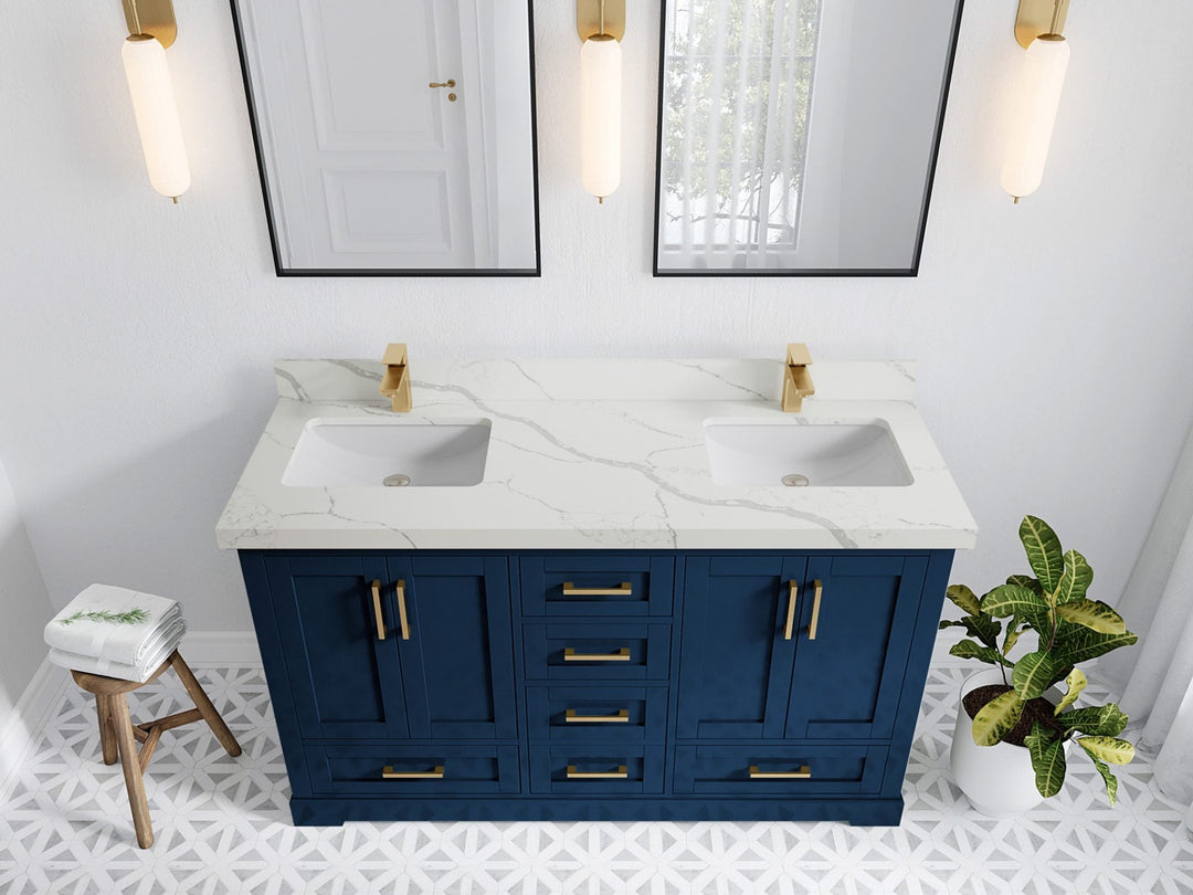 Boston 60 in. W x 22 in. D Double Sink Bathroom Vanity in Navy Blue with 2 in Calacatta Laza Quartz Countertop - Top View