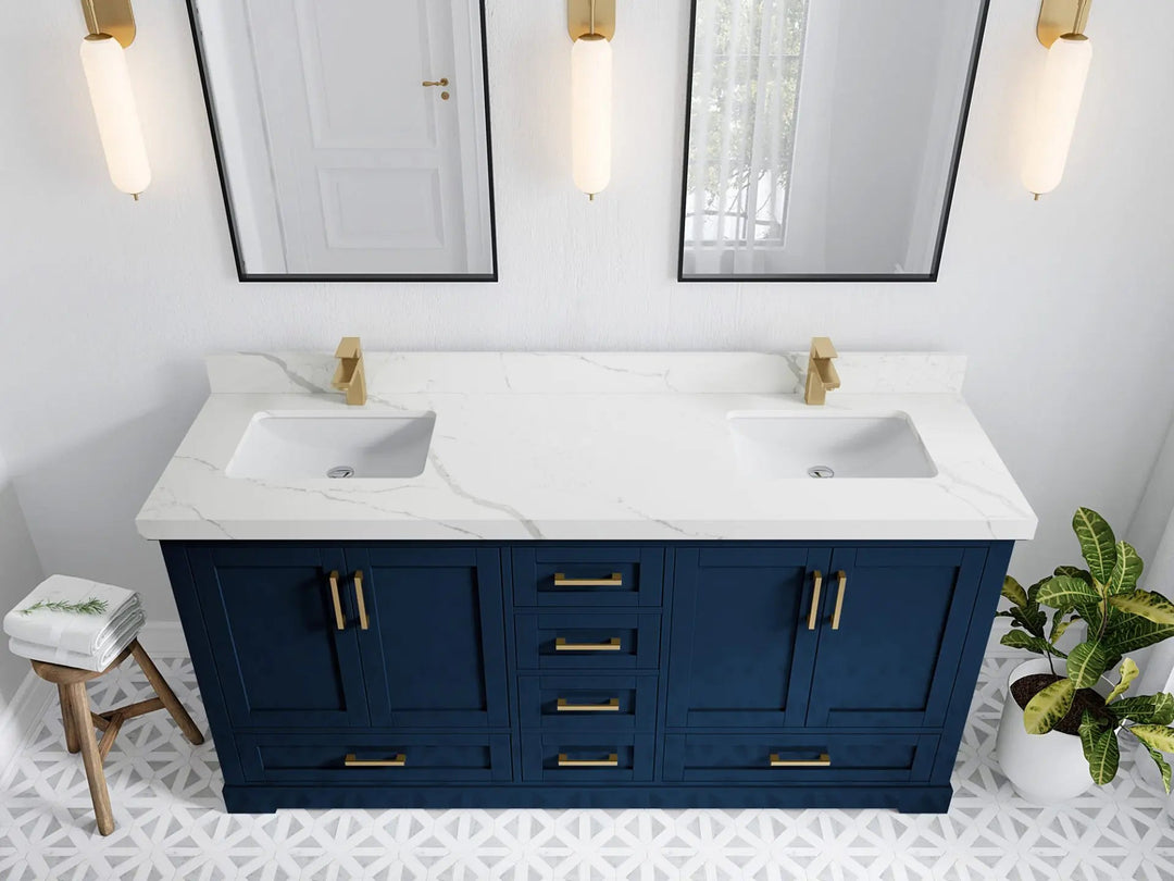 Boston 72 in. W x 22 in. D Double Sink Bathroom Vanity in Navy Blue with 2 in Calacatta Laza Quartz Countertop - Top View