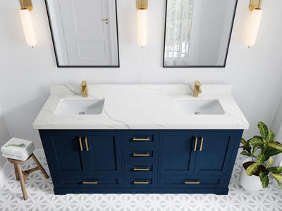 Boston 72 in. W x 22 in. D Double Sink Bathroom Vanity in Navy Blue with 2 in Calacatta Laza Quartz Countertop - Top View
