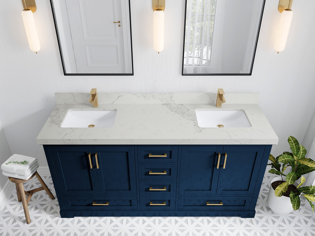 Boston 72 in. W x 22 in. D Double Sink Bathroom Vanity in Navy Blue with 2 in Calacatta Nuvo Quartz Countertop - Top View