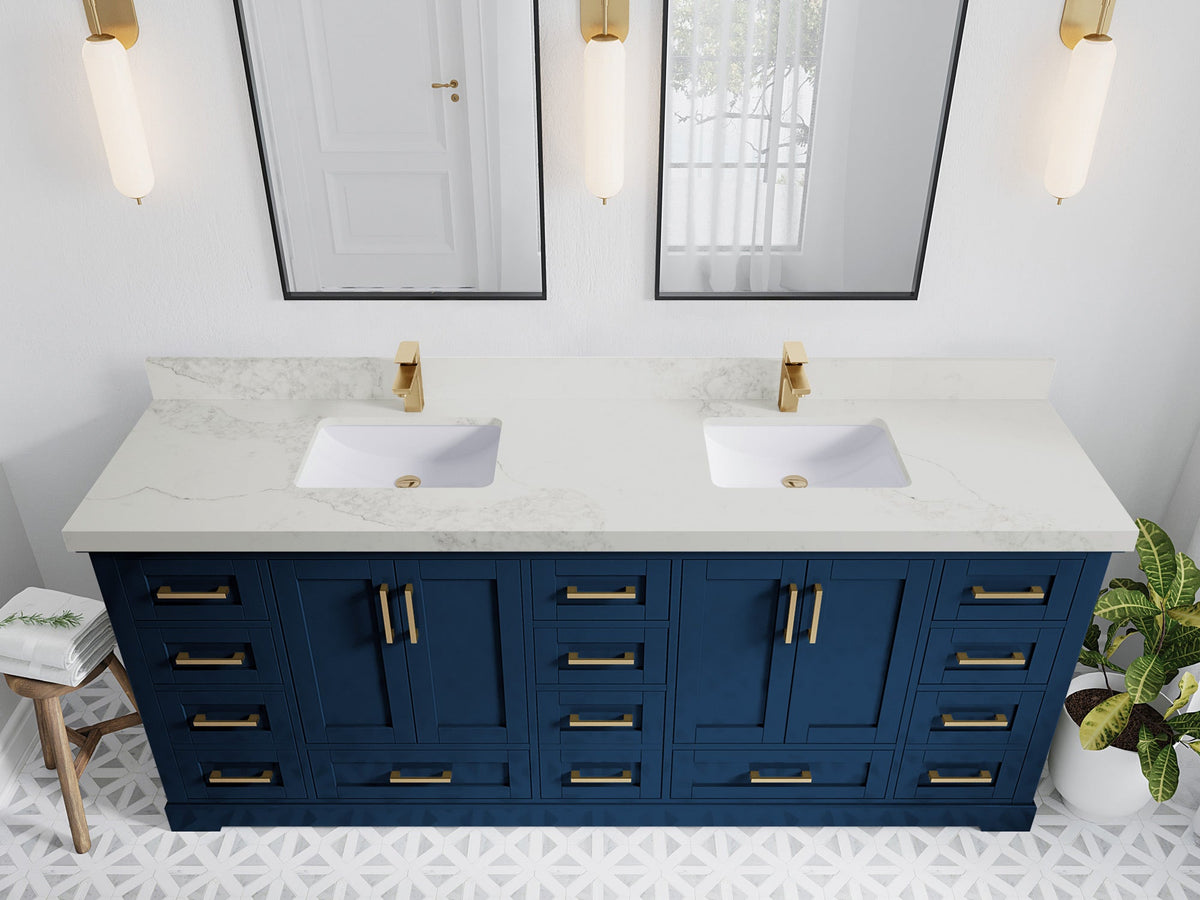 Boston 84 in. W x 22 in. D Double Sink Bathroom Vanity in Navy Blue with 2 in Calacatta Nuvo Quartz Countertop - Top View