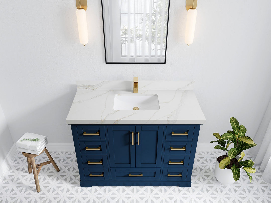 Boston 48 in. W x 22 in. D Single Sink Bathroom Vanity in Navy Blue with 2 in Calacatta Sienna Quartz Countertop - Top View