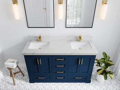 Boston 60 in. W x 22 in. D Double Sink Bathroom Vanity in Navy Blue with 2 in Calacatta Sienna Quartz Countertop - Top View