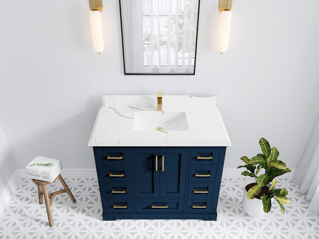 Boston 42 in. W x 22 in. D Single Sink Bathroom Vanity in Navy Blue with 1.5 in Double Cove Edge Calacatta Laza Quartz Countertop - Top View
