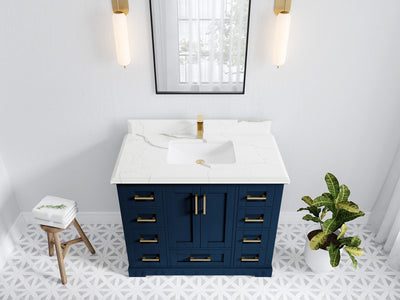Boston 42 in. W x 22 in. D Single Sink Bathroom Vanity in Navy Blue with 1.5 in Double Cove Edge Calacatta Laza Quartz Countertop - Top View