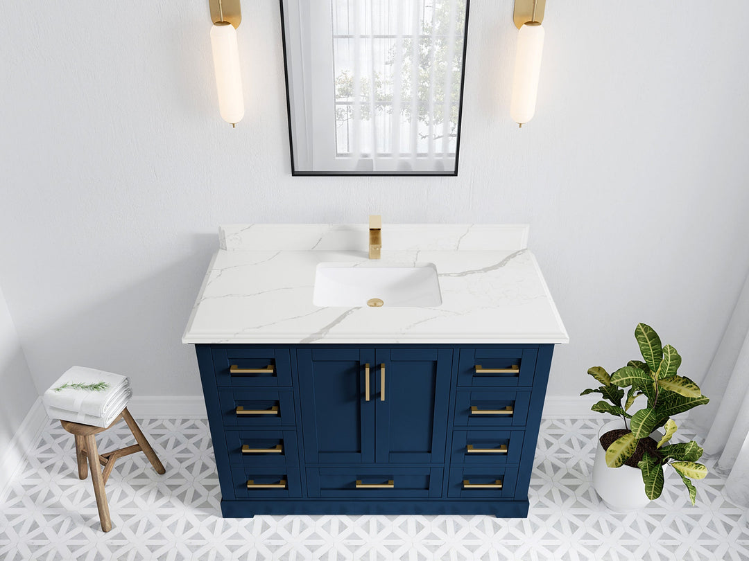 Boston 48 in. W x 22 in. D Single Sink Bathroom Vanity in Navy Blue with 1.5 in Double Cove Edge Calacatta Laza Quartz Countertop - Top View