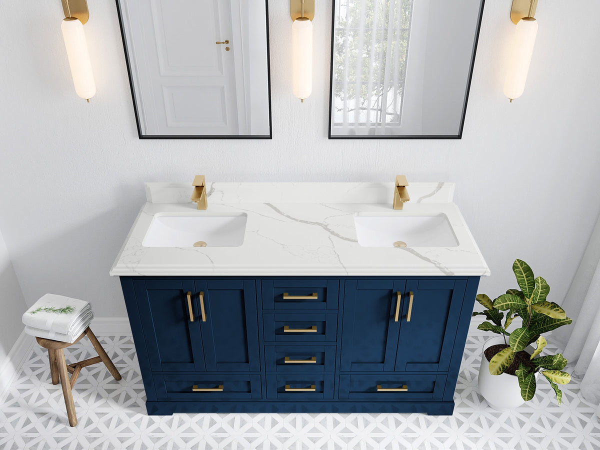 Boston 60 in. W x 22 in. D Double Sink Bathroom Vanity in Navy Blue with 1.5 in Double Cove Edge Calacatta Laza Quartz Countertop - Top View