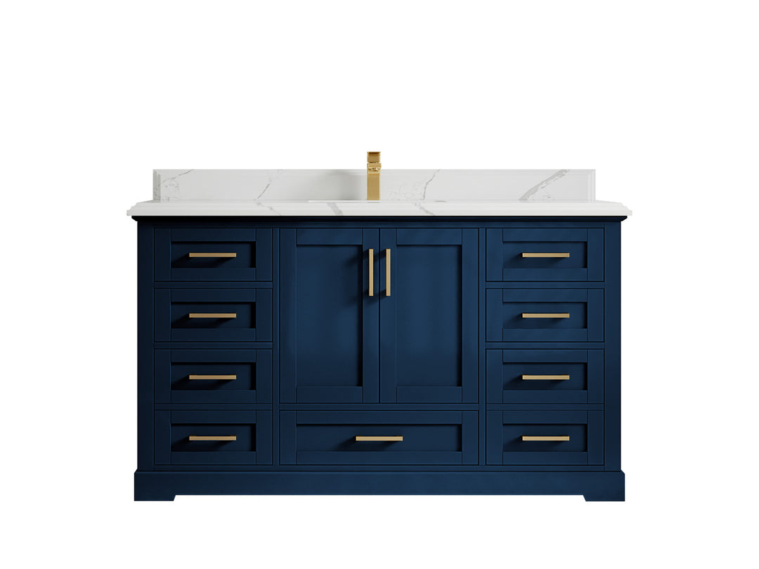Boston 60 in. W x 22 in. D Single Sink Bathroom Vanity in Navy Blue with 1.5 in Double Cove Edge Calacatta Laza Countertop
