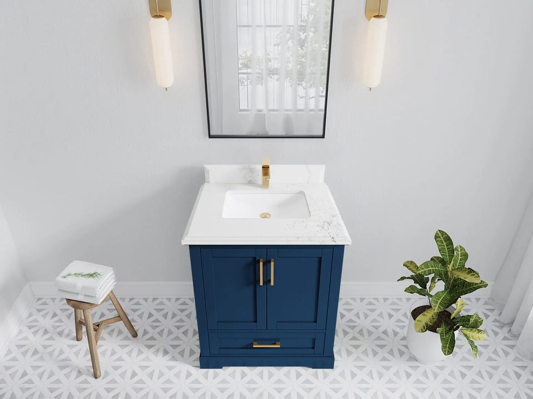 Boston 30 in. W x 22 in. D Single Sink Bathroom Vanity in Navy Blue with 1.5 in Double Cove Edge Empira White Quartz Countertop - Top View